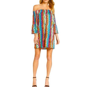 Trina Turk Colorful Floral Smocked Off Shoulder Bell Sleeve Mini Dress S